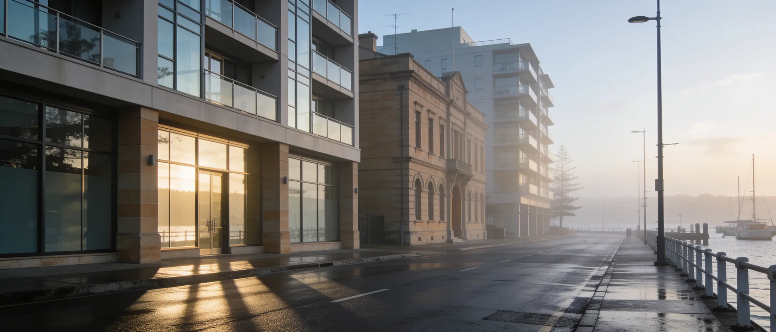 A harbour-side street of mid-rise buildings at dawn
