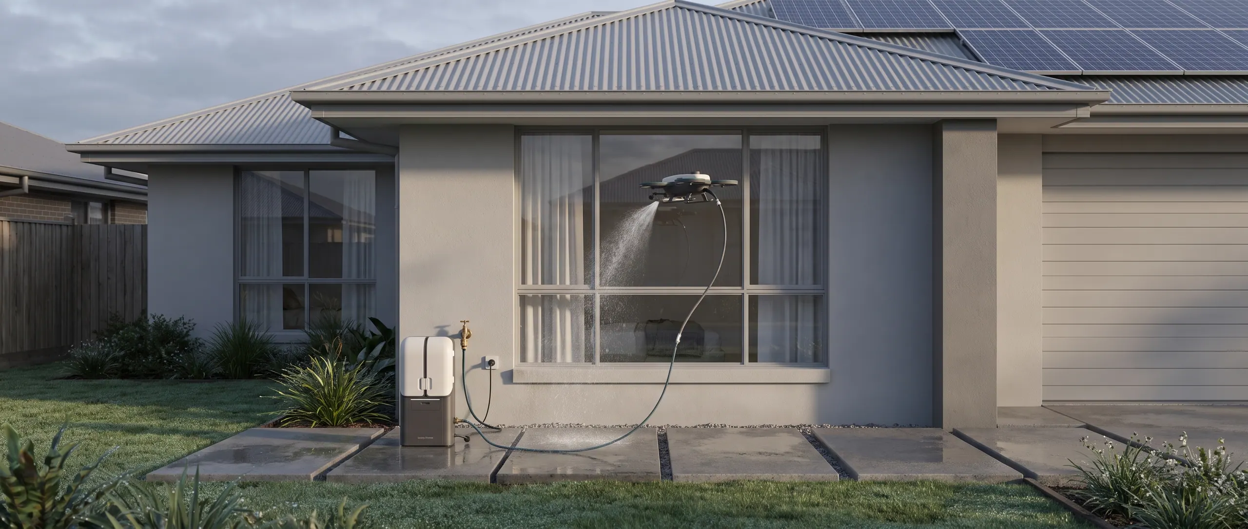 The Lienry ground pod beside a house at first light