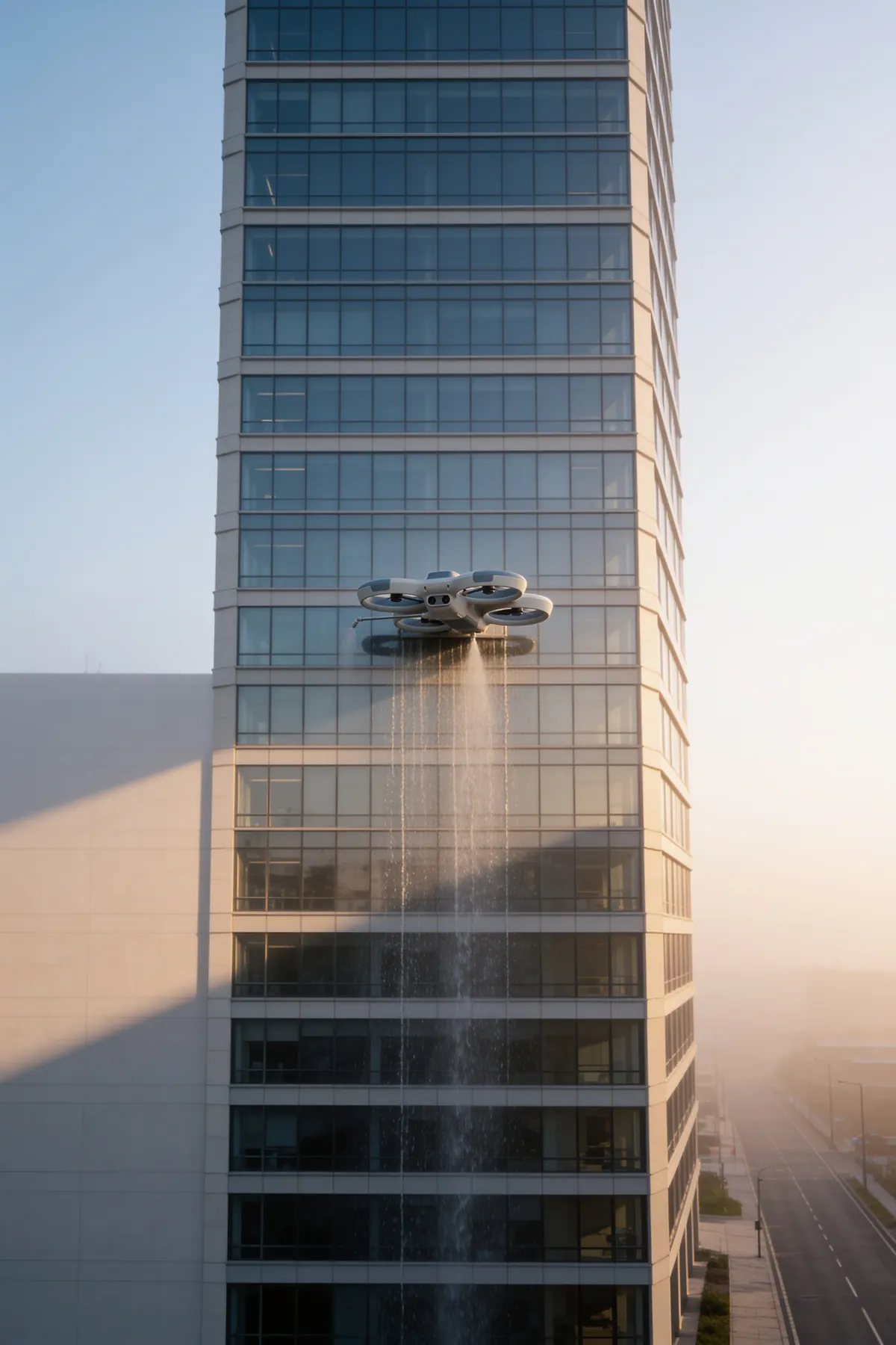 Commercial towers: Glass, walls and roofing on buildings under 70 metres, cleaned from a roof capsule.
