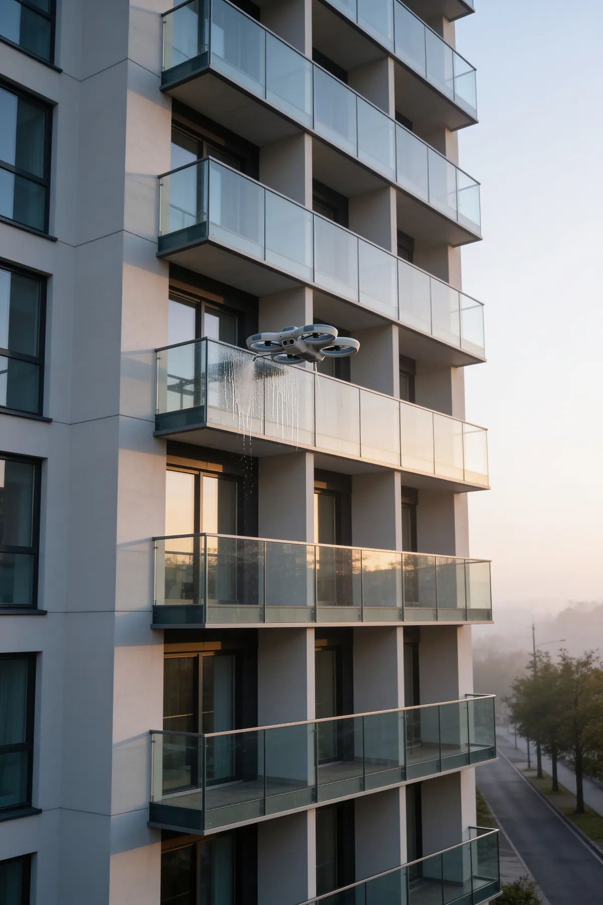 Apartment buildings: Facades, glass and common roofing without contractors working at height.