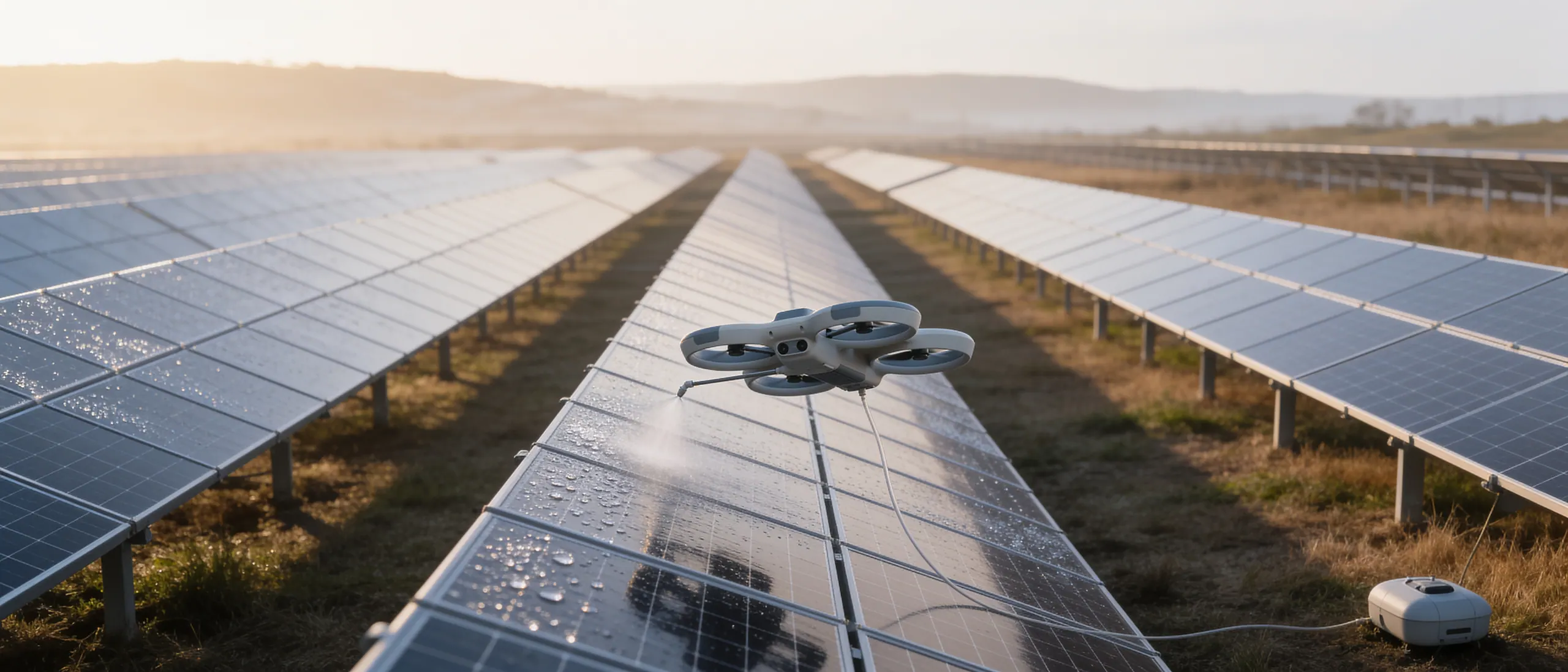 A solar farm row at first light with the Lienry drone low over the panels